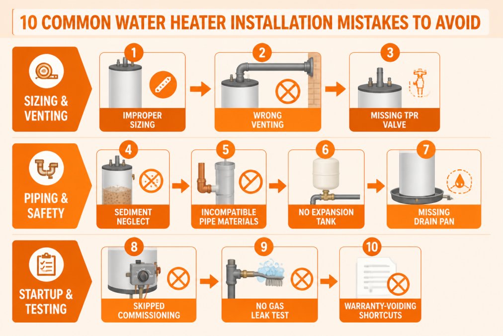 Numbered flowchart of 10 water heater installation mistakes in three groups: sizing and venting (improper sizing, wrong venting, missing TPR valve), piping and safety (sediment neglect, incompatible pipe materials, no expansion tank, missing drain pan), startup and testing (skipped commissioning, no gas leak test, warranty-voiding shortcuts)