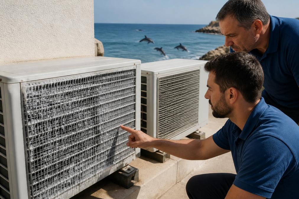 Unidad exterior de aire acondicionado mostrando depósitos de salitre blanco en aletas de aluminio, comparada con otra unidad protegida sin depósitos visibles, ambas en ambiente costero con animales marinos de fondo