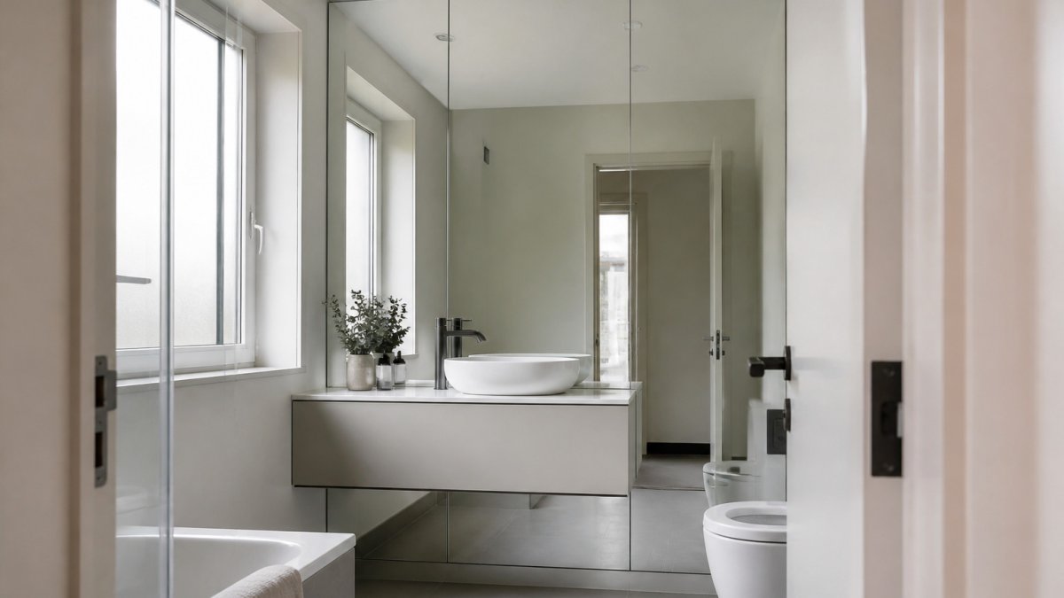 Full-height floor-to-ceiling mirror reflecting a modern bathroom basin and soft daylight from the doorway