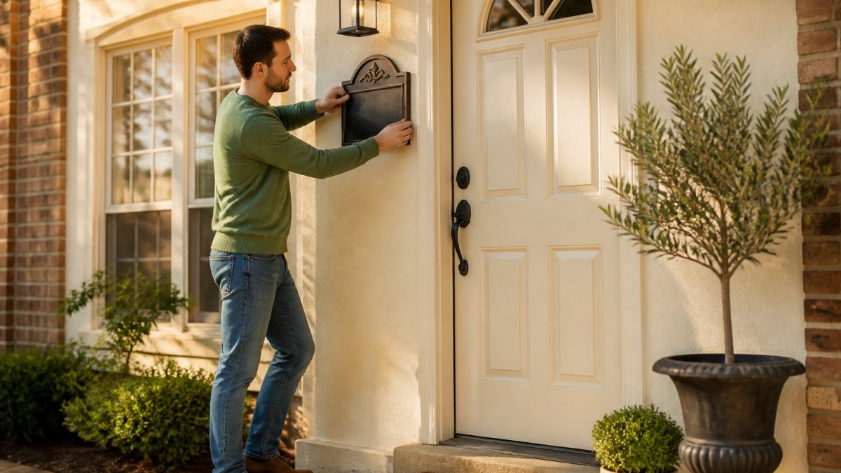 Homeowner hanging a personalized aluminum house sign beside a cream front door on a sunny afternoon