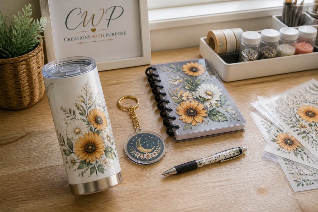 Flat lay of finished crafted items made from UV DTF element sheets arranged on wooden surface: personalized tumbler, acrylic keychain with celestial design, decorated A5 notebook with floral elements, pen wrap with coordinating pattern, and craft supplies nearby with natural window lighting
