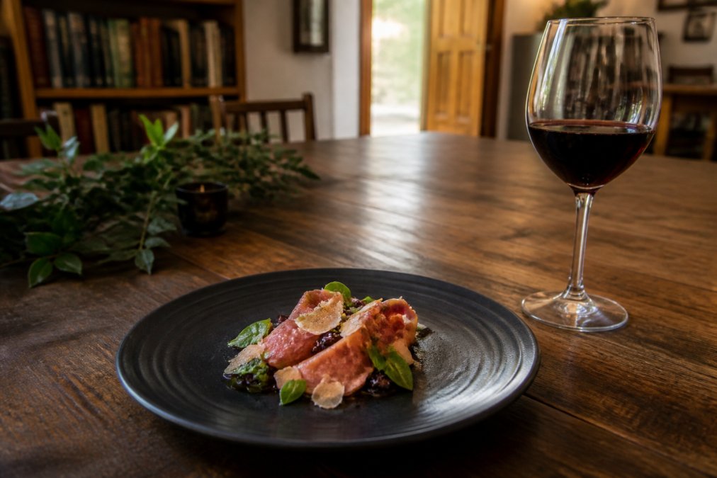 A beautifully plated Italian tasting course on a dark ceramic plate with a glass of red wine beside it, set on a rustic wooden table in a warmly lit home dining room
