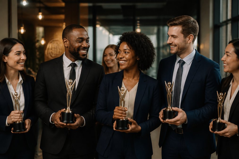Sales team members celebrating at an awards ceremony, holding custom trophies and smiling while standing together in a modern office setting with warm lighting