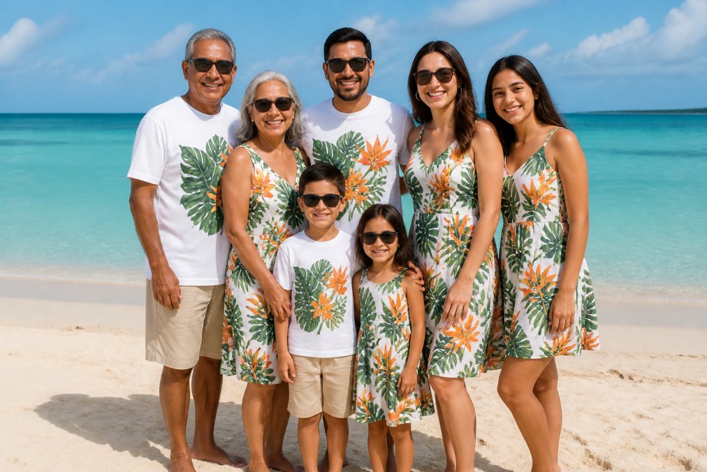 Multi-generational family wearing coordinated tropical print sundresses and matching graphic tees, posed together on a sunny beach with turquoise ocean in the background, showing natural and picture-perfect coordinated vacation looks