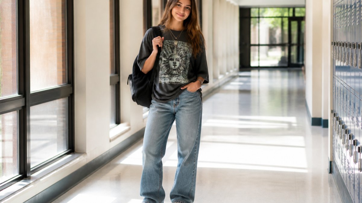 A teen girl wearing an oversized graphic tee with wide-leg jeans and white sneakers, standing in a bright school hallway with natural morning light filtering through windows