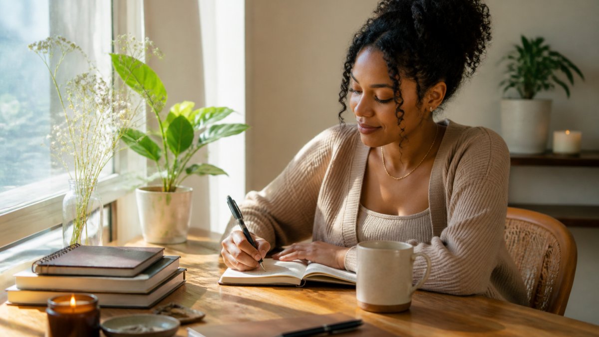 Woman sitting in a calm morning space with a journal and warm beverage, writing affirmations with a peaceful expression, natural sunlight streaming through window