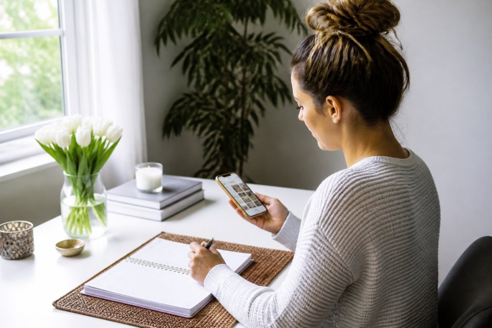 Woman sitting at desk with smartphone in hand, checking Instagram content and taking notes in planner, bright natural light from window, casual home office setup