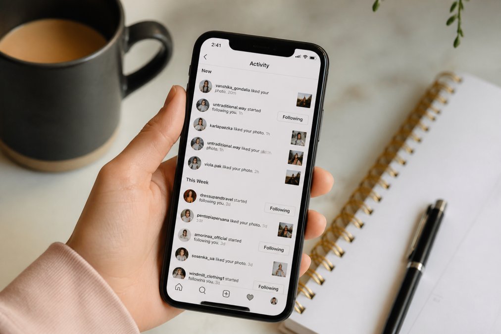 Close-up of smartphone screen showing Instagram notifications and engagement metrics with coffee cup and planner visible on desk beside it, warm natural lighting