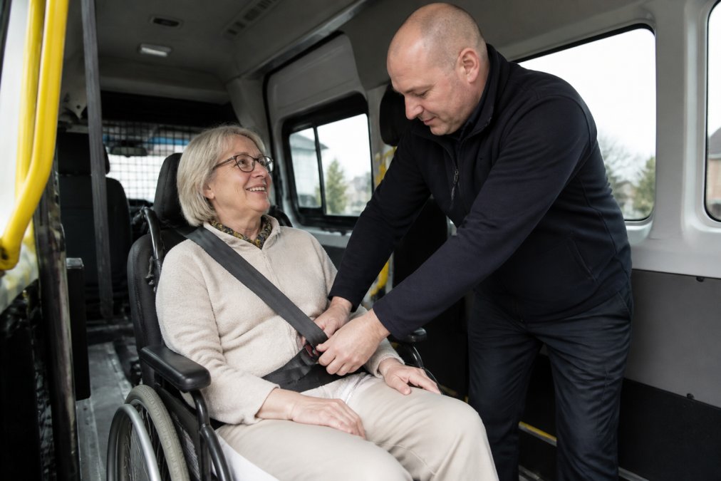 Een rolstoelgebruiker die comfortabel in een rolstoeltaxi zit, met een ervaren chauffeur die voorzichtig hulp biedt bij het vastzetten van de veiligheidsgordel, in een schoon en goed verlicht voertuig