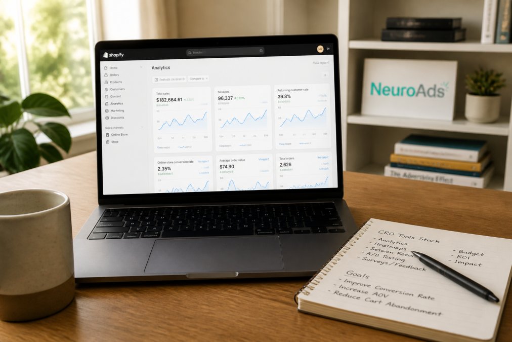 Close-up of a laptop screen showing a Shopify analytics dashboard with conversion metrics, a notebook with handwritten notes and a coffee mug on a wooden desk in a bright home office