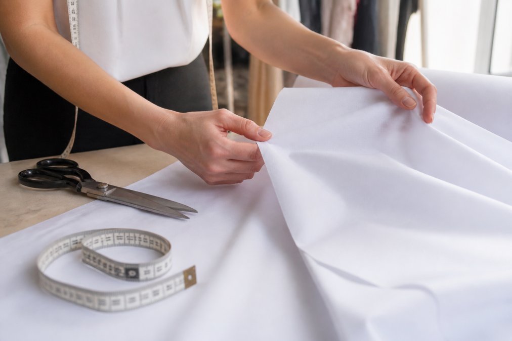 Close-up of a fashion designer's hands examining a swatch of white polyester poplin fabric on a cutting table, with measuring tape and fabric shears nearby in a bright studio