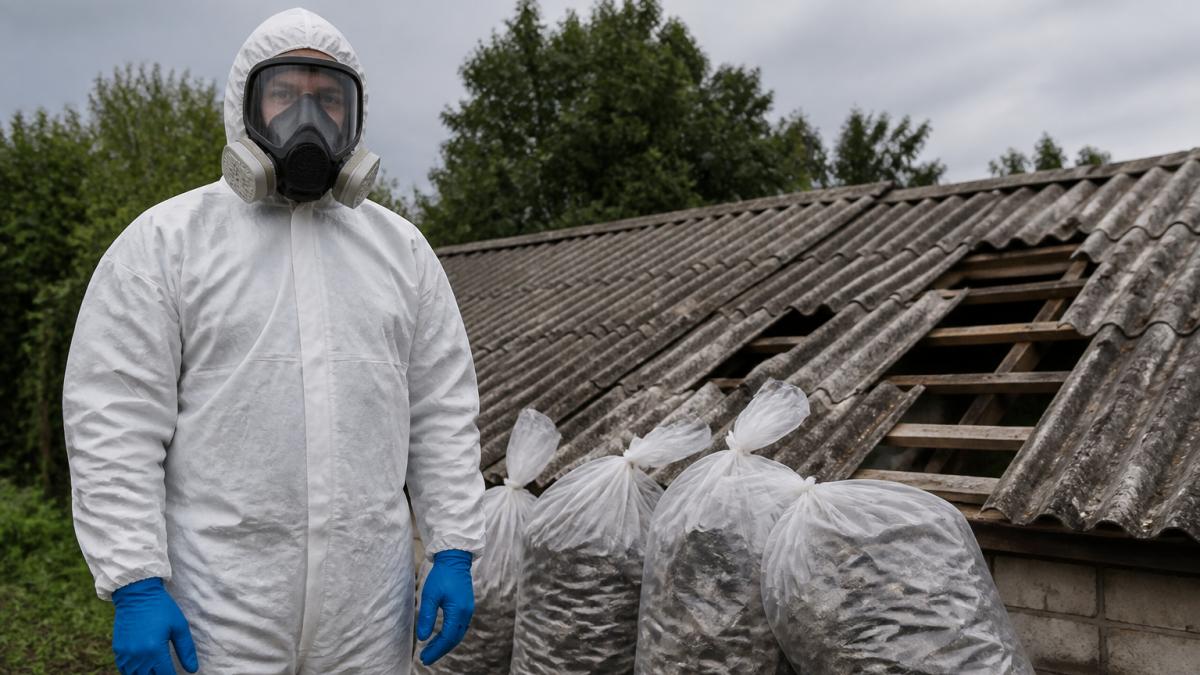 Certifikovaný pracovník v bílém jednorázovém overalu, celoobličejové masce s filtry P3 a modrých nitrilových rukavicích stojí venku u částečně demontované vlnité cementové střechy, v pozadí uzavřené plastové pytle s odstraněným materiálem