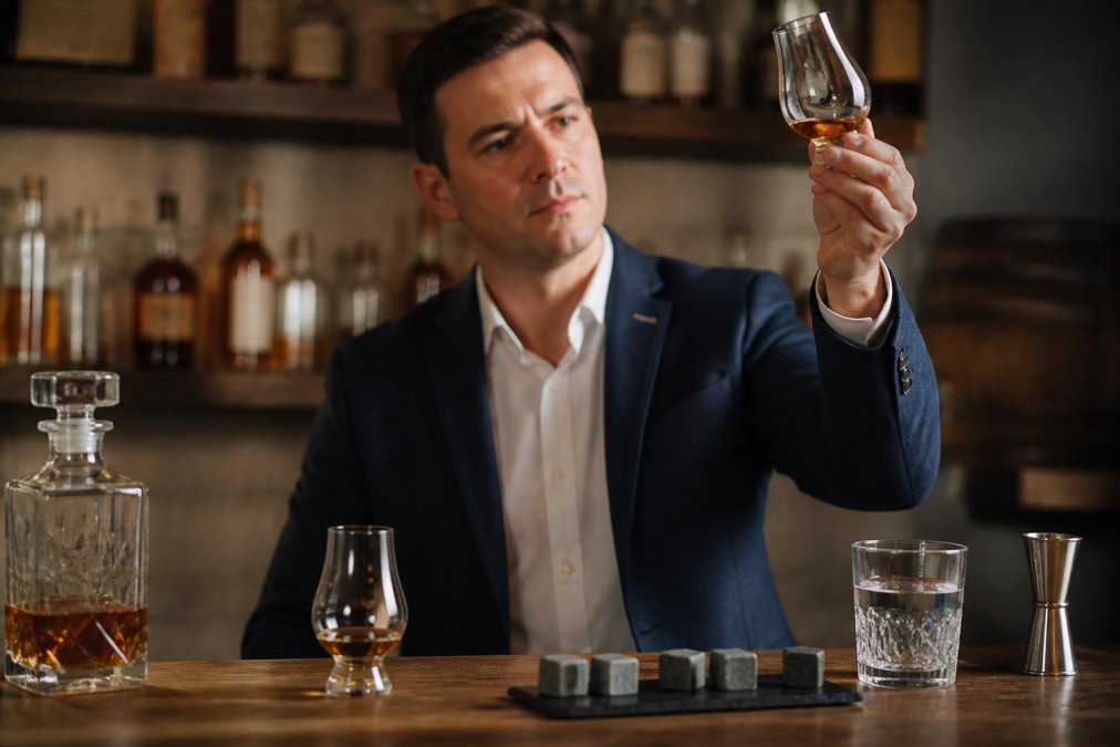 Professional demonstrating whiskey tasting technique with Glencairn glass being held up to light, showing bourbon color and clarity, with whiskey stones and water glass on wooden table in soft lighting