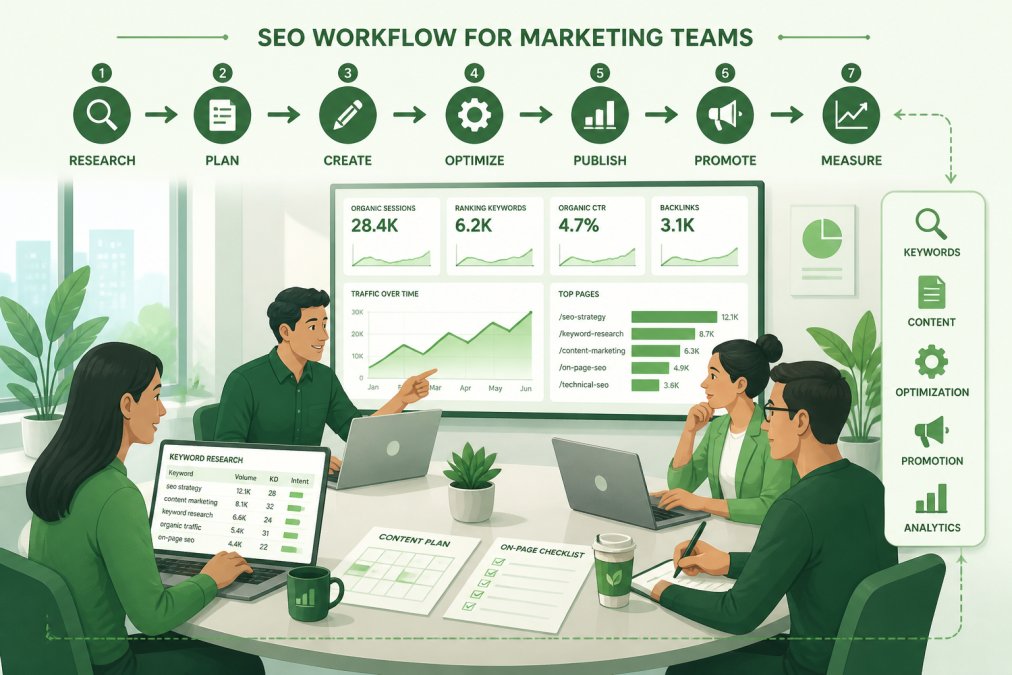 Marketing team collaborating around table with laptops and documents, reviewing analytics dashboards and keyword research spreadsheets in bright modern office with natural lighting