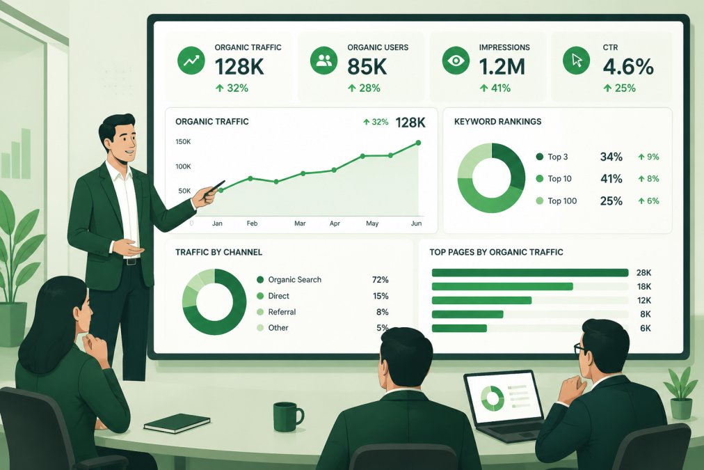 Business professional presenting SEO performance data to executives in conference room, pointing at screen showing organic traffic growth charts and ranking improvements with professional lighting