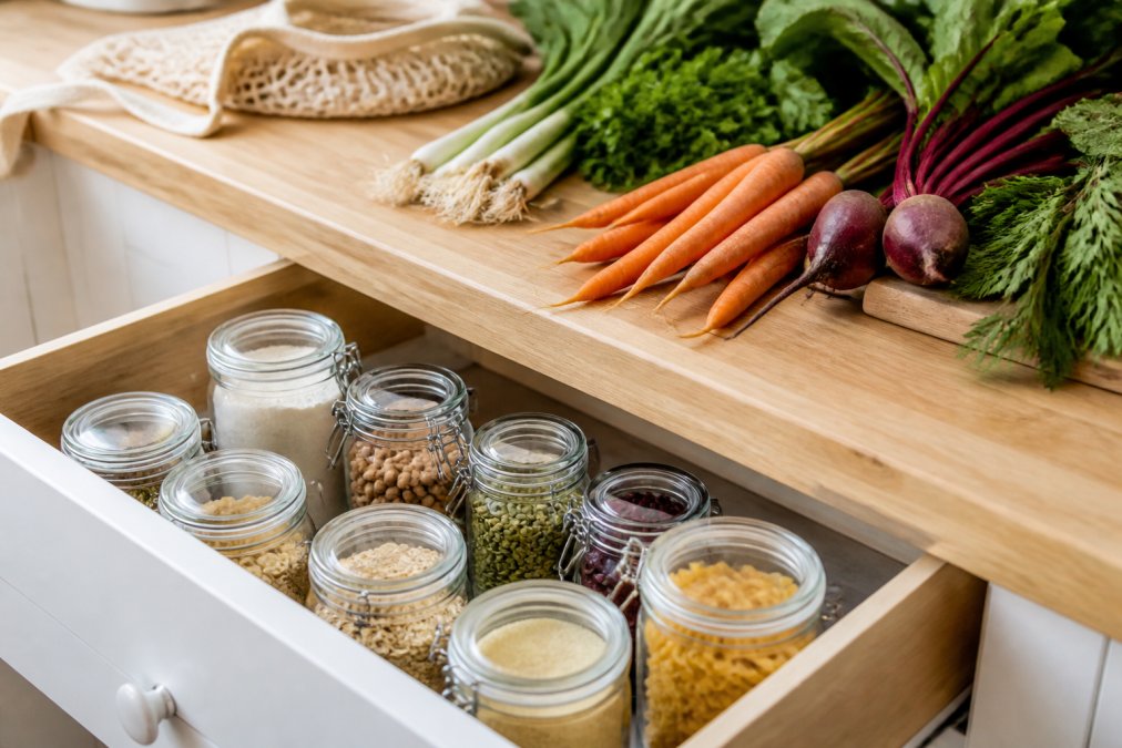 Einmachgläser mit Vorräten und frisches Gemüse in einer organisierten Zero Waste Küche auf Holzarbeitsplatte.