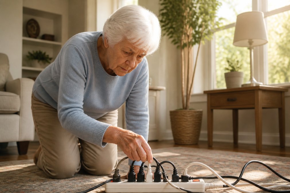 An older adult carefully examining a power strip with multiple cords plugged in, looking concerned, in a well-lit living room with afternoon sunlight streaming through nearby windows