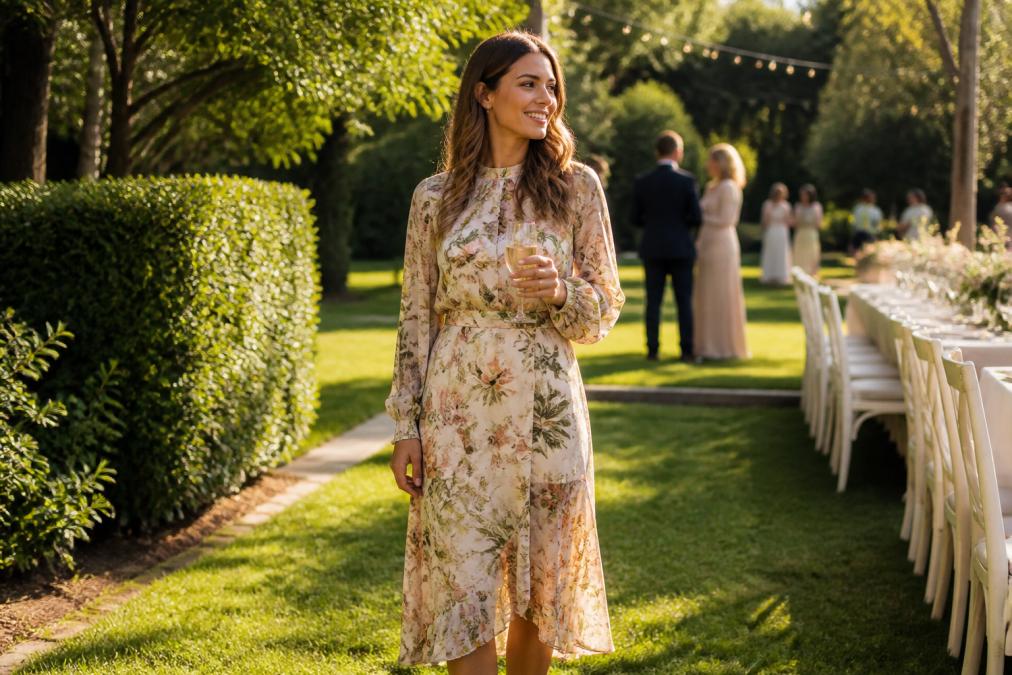 A woman in an elegant long sleeve floral print midi dress standing in a sunlit garden with a glass of champagne, soft-focus background of an outdoor wedding reception setup with fairy lights