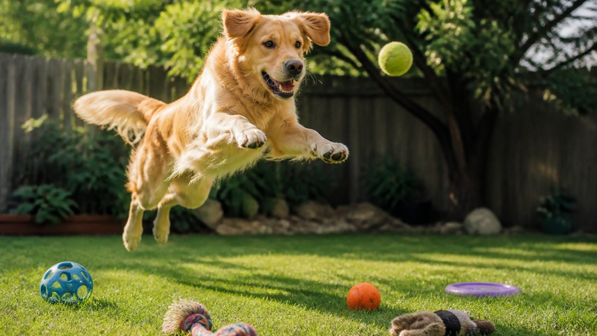 Golden Retriever jumping to catch a tennis ball in a sunny backyard with toys scattered on the green grass
