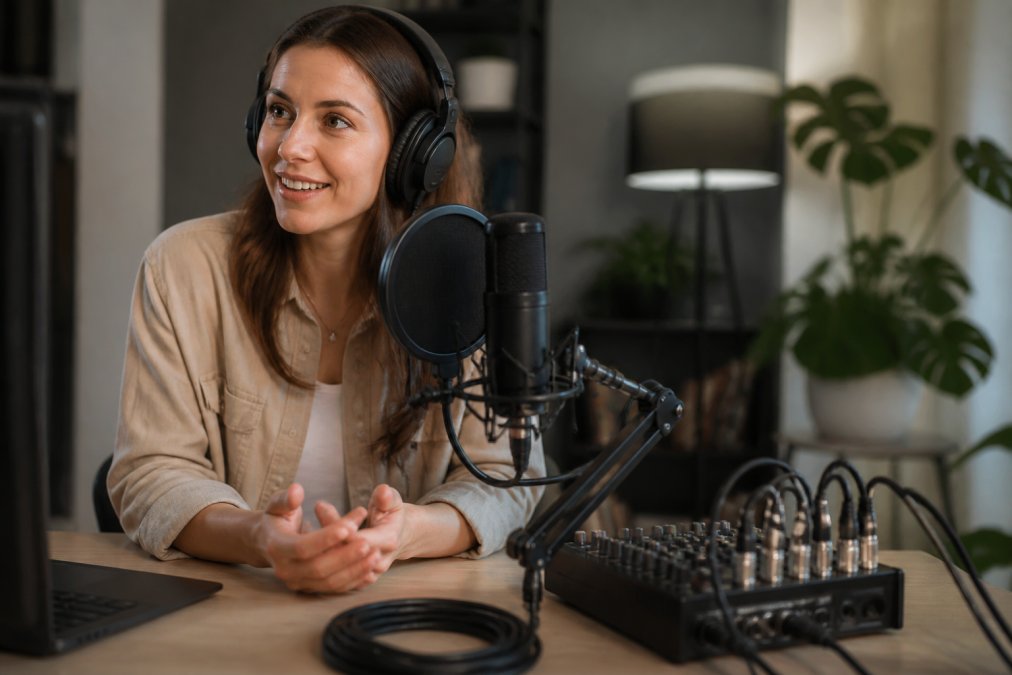 Close-up of a professional USB condenser microphone with pop filter on a desk, RGB lighting illuminated in blue tones, alongside an audio mixer with XLR cables neatly coiled, studio headphones visible in the background