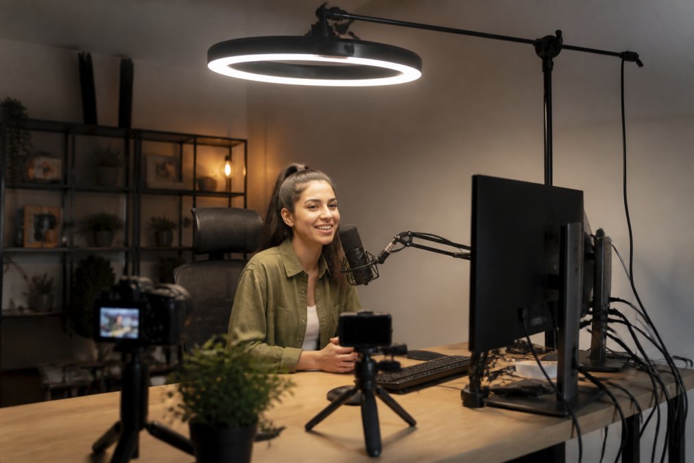 Content creator seated at desk with an 18-inch ring light positioned directly above, illuminating their workspace with warm white RGB tones, showing proper lighting setup for professional streaming with cables organized behind the monitor