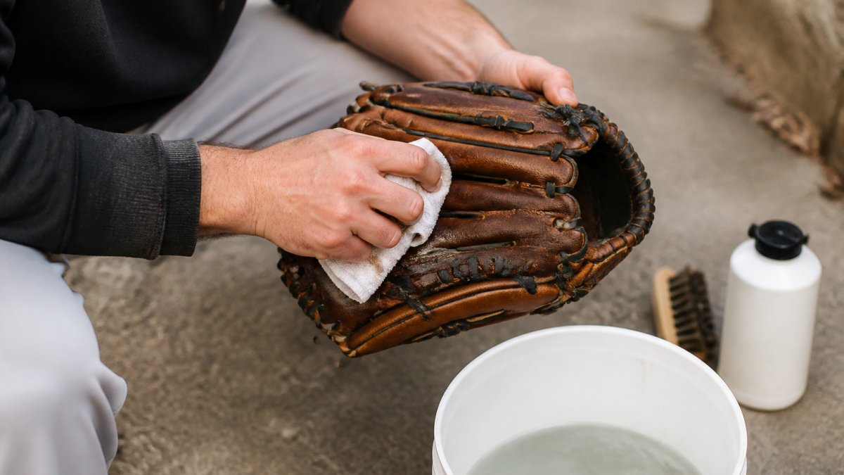 Close-up of hands wiping a leather baseball glove with a damp cloth, showing proper cleaning technique with water bucket and cleaning supplies nearby