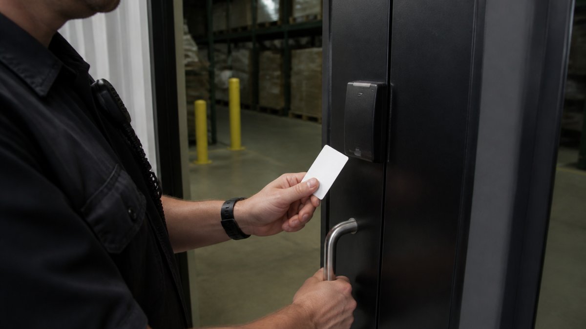 Professional security officer checking credentials at locked door entrance to cannabis facility storage area with restricted access signage visible, overhead LED lighting