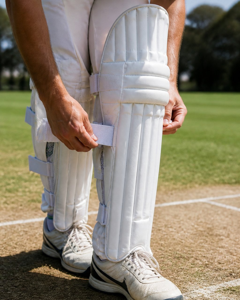 Diagram detailing the structural components and strap adjustment process of cricket batting pads