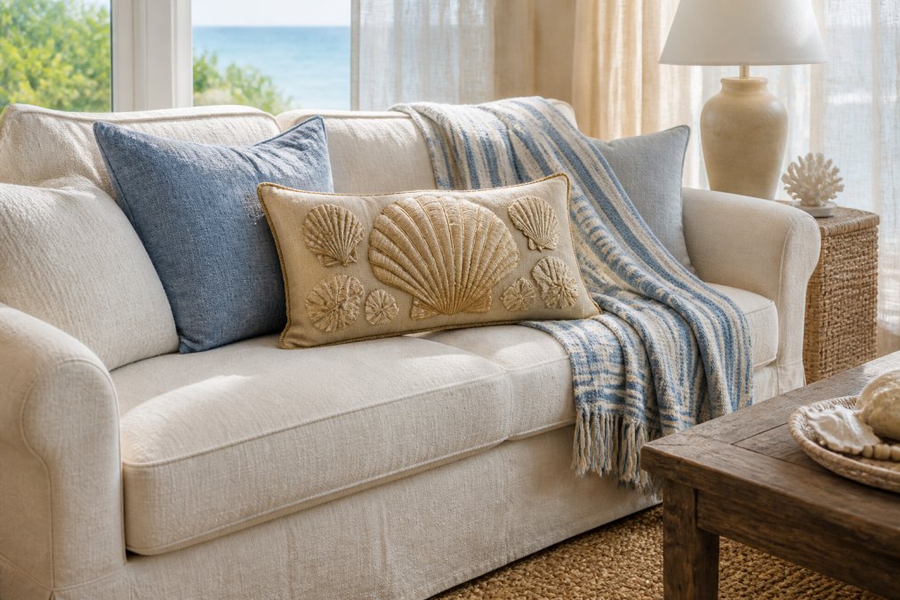 Living room sofa with a shell lumbar pillow and striped throw, showcasing layered coastal home decor textures.