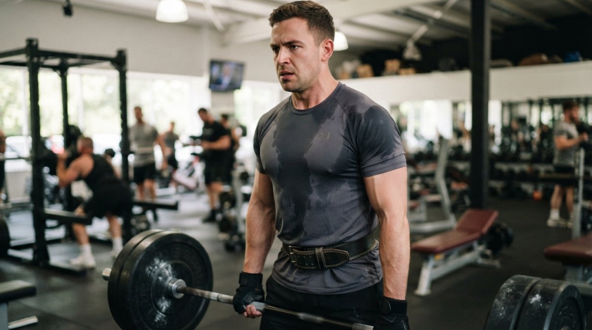 Close-up of athlete in gym wearing moisture-wicking athletic top during intense weightlifting, sweat visible on fabric surface with proper evaporation, natural gym lighting