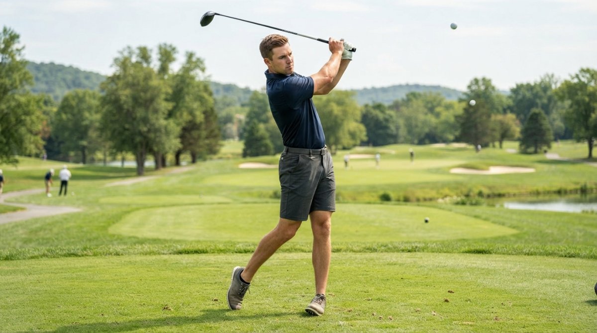 Athlete performing dynamic golf swing or functional movement in well-fitted athletic shorts that move seamlessly with body without bunching or restriction, natural outdoor lighting