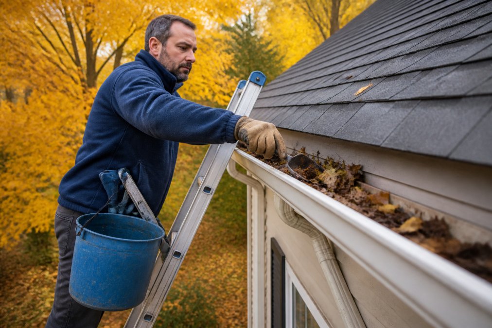 Homeowner wearing work gloves using a scoop to clear autumn leaves from a gutter as part of home maintenance.