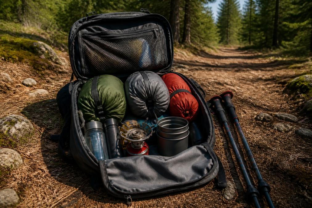 A well-organized backpack lying open on a sunlit forest trail, showing neatly packed gear including a small tent, rolled sleeping bag, and a compact stove visible inside