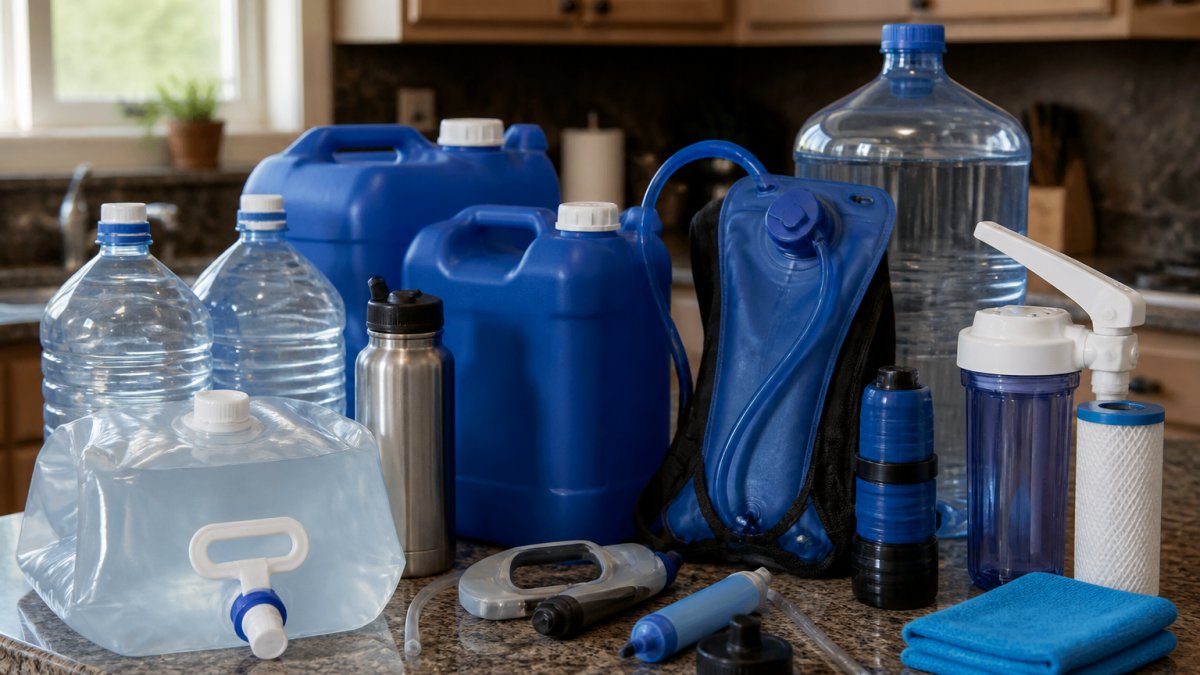 Infographic displaying various types of water storage containers and purification tools for emergency supplies