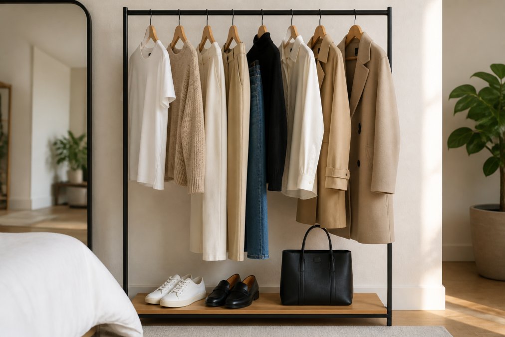 Infographic illustrating the 10 essential items for a minimalist capsule wardrobe displayed on a clothing rail.