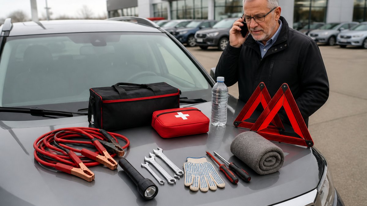 Professional laying out 10 essential items for a roadside emergency kit on car hood in daylight, including jumper cables, flashlight, first-aid kit, reflective triangles, water bottle, and tools organized in clear view