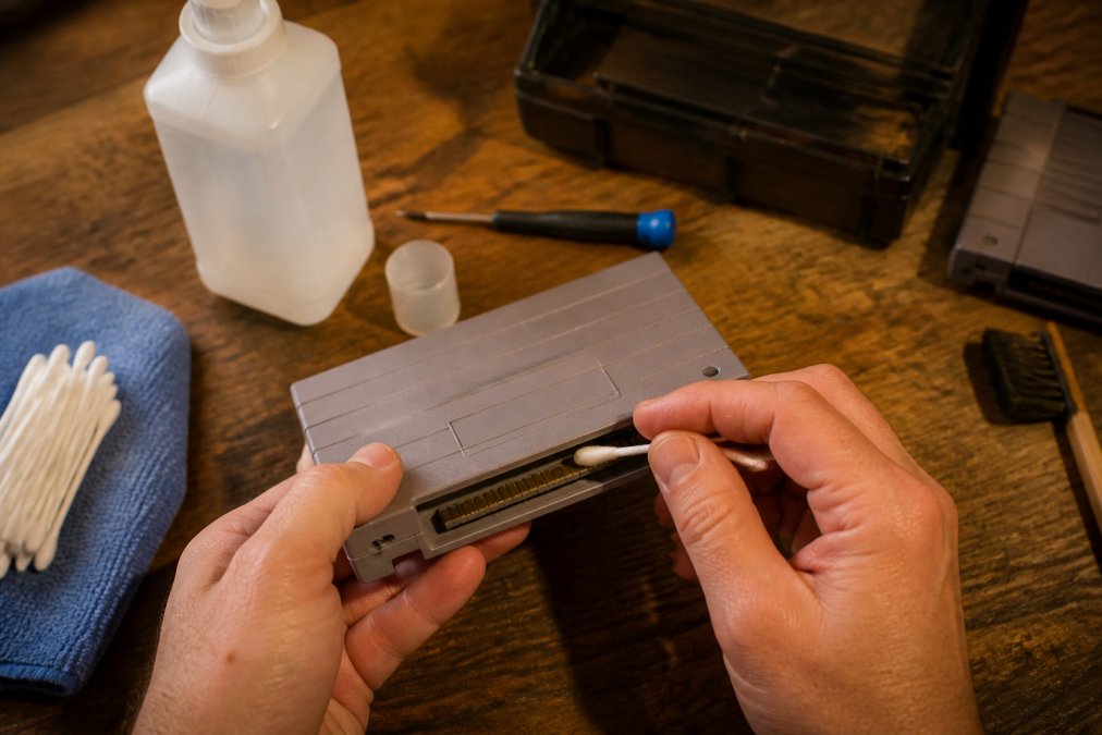 Cleaning gold contact pins on a retro game cartridge with a cotton swab and isopropyl alcohol for retro gaming maintenance.