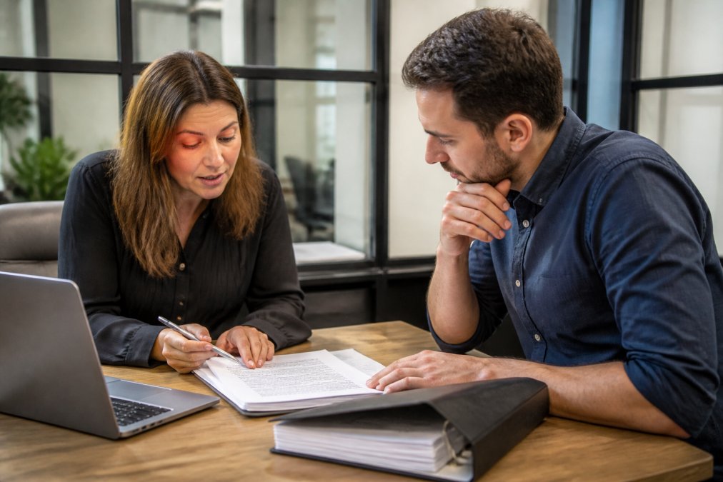 Professional landlord and tenant reviewing tenancy documents and deposit protection paperwork at a desk with a laptop in modern office setting