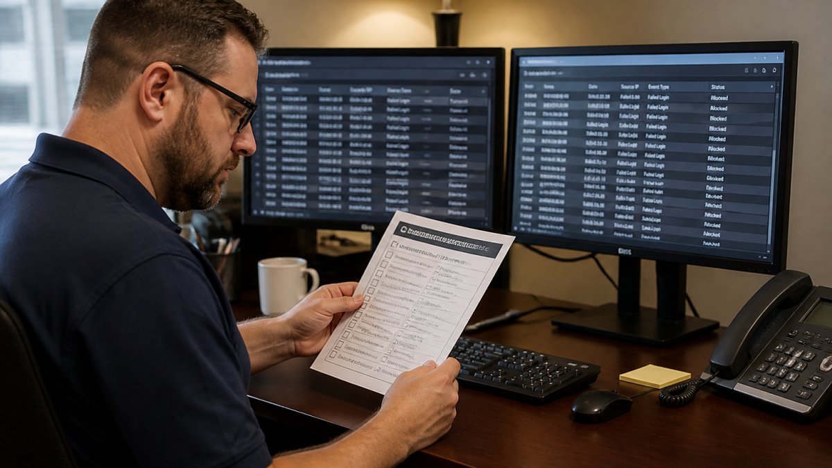 IT administrator at a desk reviewing a printed network security checklist beside two monitors showing login alert logs, warm office lighting
