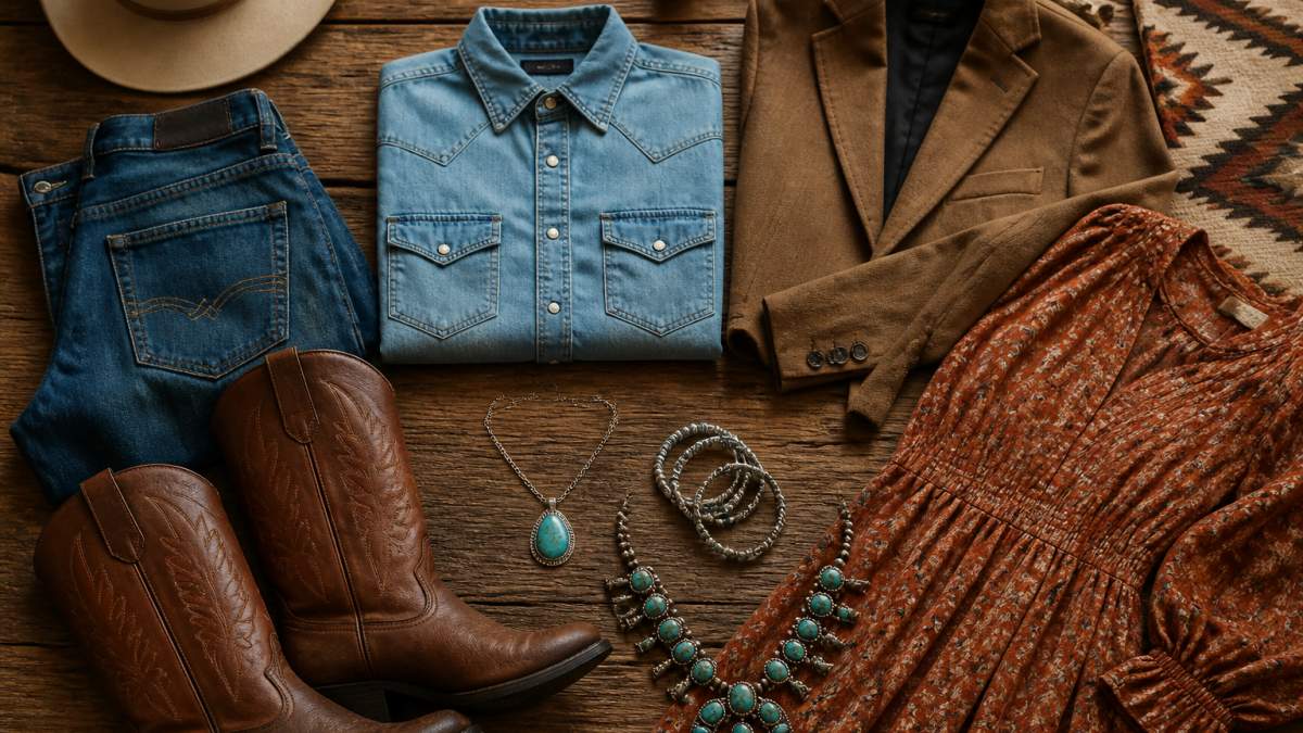 Styled flat-lay arrangement of western wardrobe essentials including folded denim jeans, snap-button western shirt, structured blazer, western dress, brown leather boots, turquoise pendant necklace, silver stacking bracelets, and artisan statement necklace arranged on a rustic wooden surface with warm natural lighting and western décor accents
