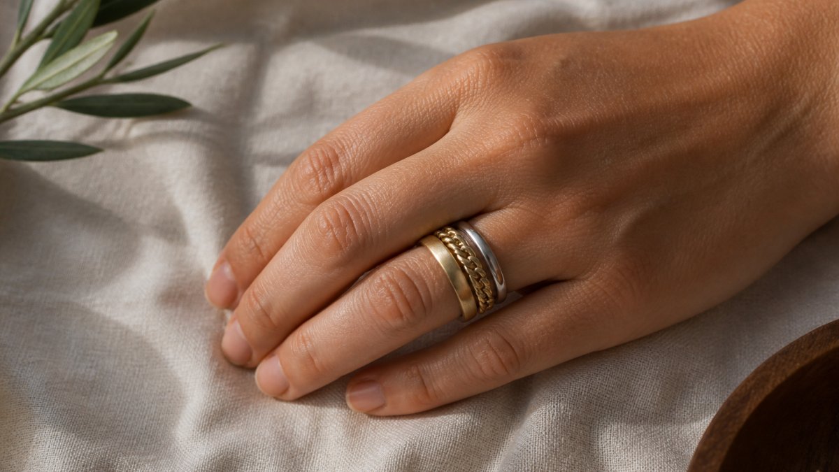 Close-up of a woman's hand wearing three stacked rings of varying thickness in gold and silver, resting on a linen surface with soft natural light