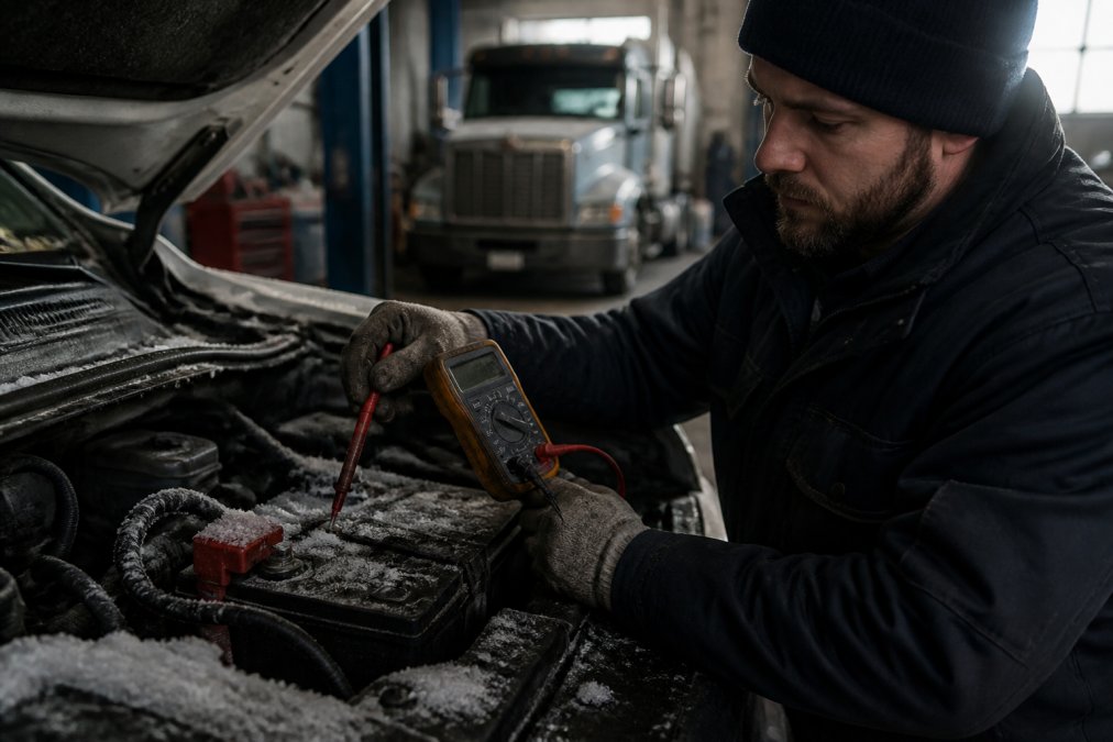 Mechanic using a multimeter to test a frosted truck battery during routine truck maintenance in a cold garage.