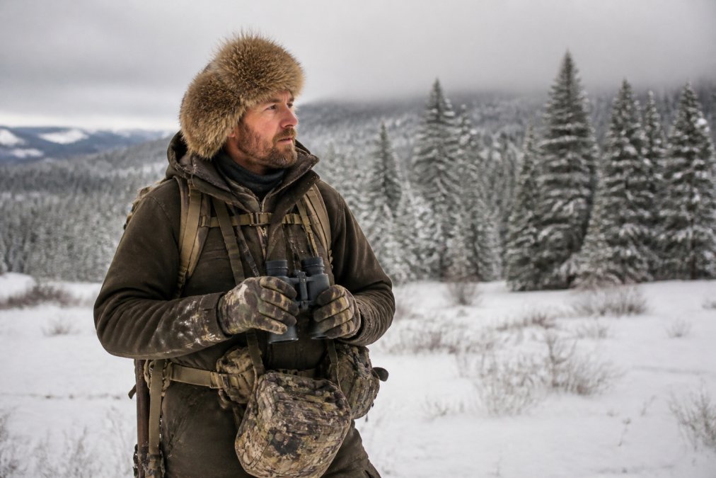 Hunter wearing a natural western fur item hat and winter gear with binoculars in a snowy forest clearing