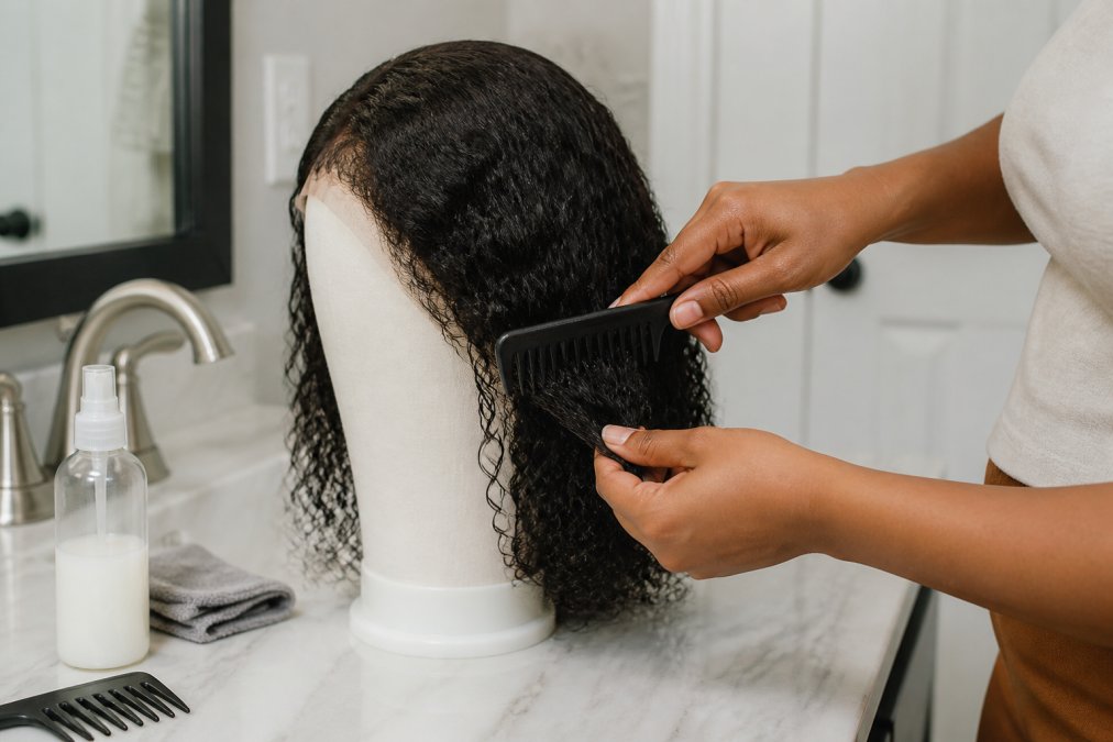 Close-up of hands using a wide-tooth comb to gently detangle a curly wig resting on a mannequin head, with a spray bottle of leave-in conditioner nearby on a clean bathroom counter