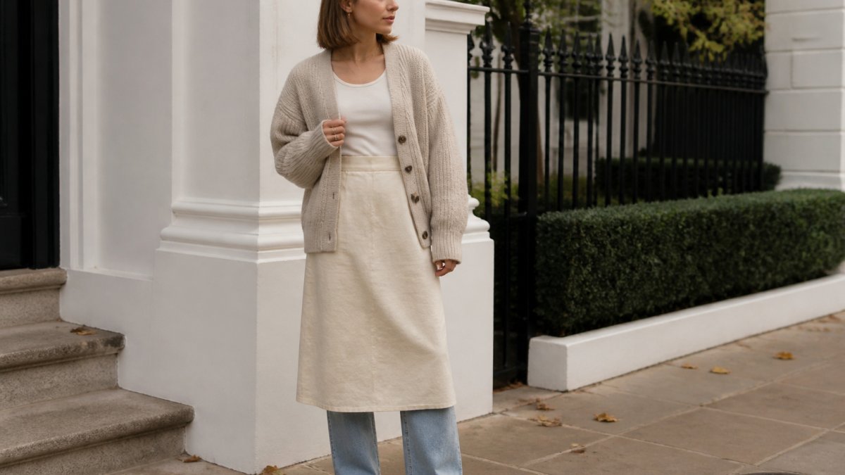 Person wearing neutral-toned, timeless minimalist clothing pieces layered together, a cotton skirt, simple knit cardigan, and straight-leg jeans, styled for everyday versatility in natural daylight