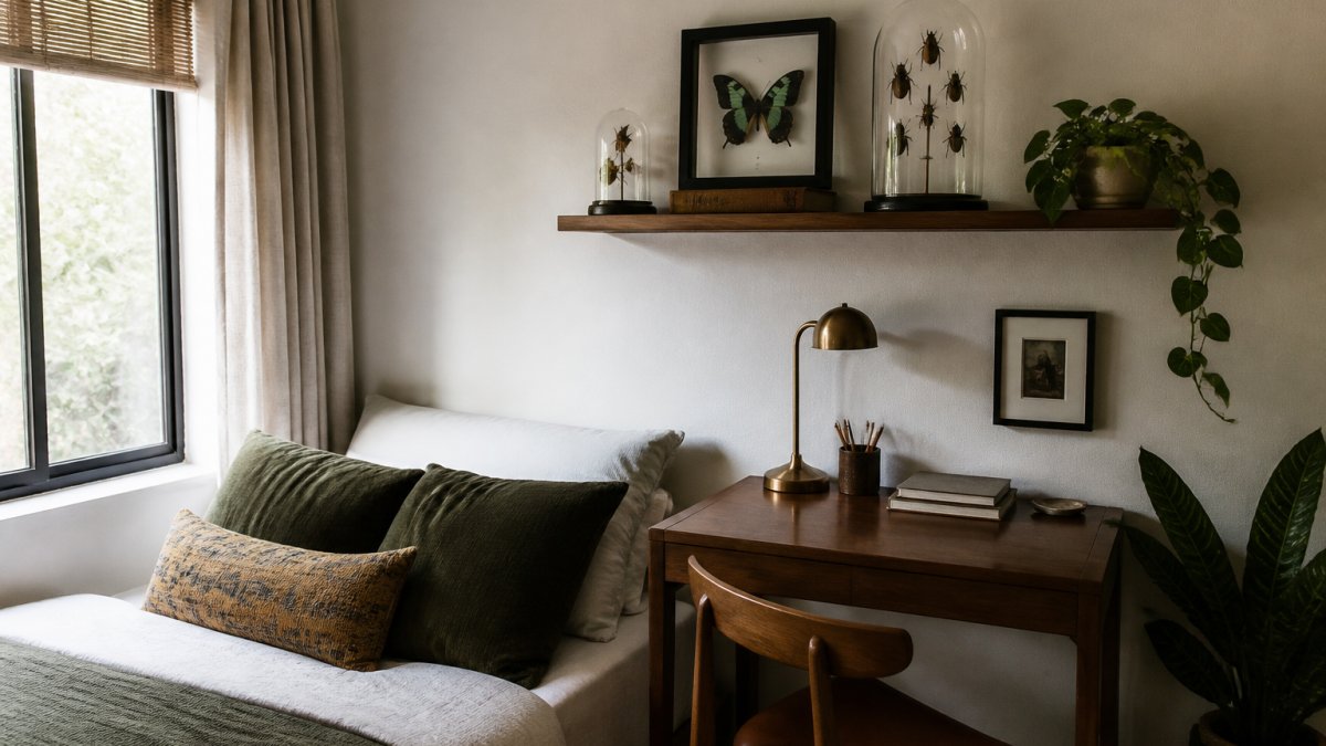 A compact apartment bedroom with a framed preserved butterfly specimen and dome-mounted insect display arranged on a floating shelf above a desk, showing natural history pieces arranged vertically to maximise wall space