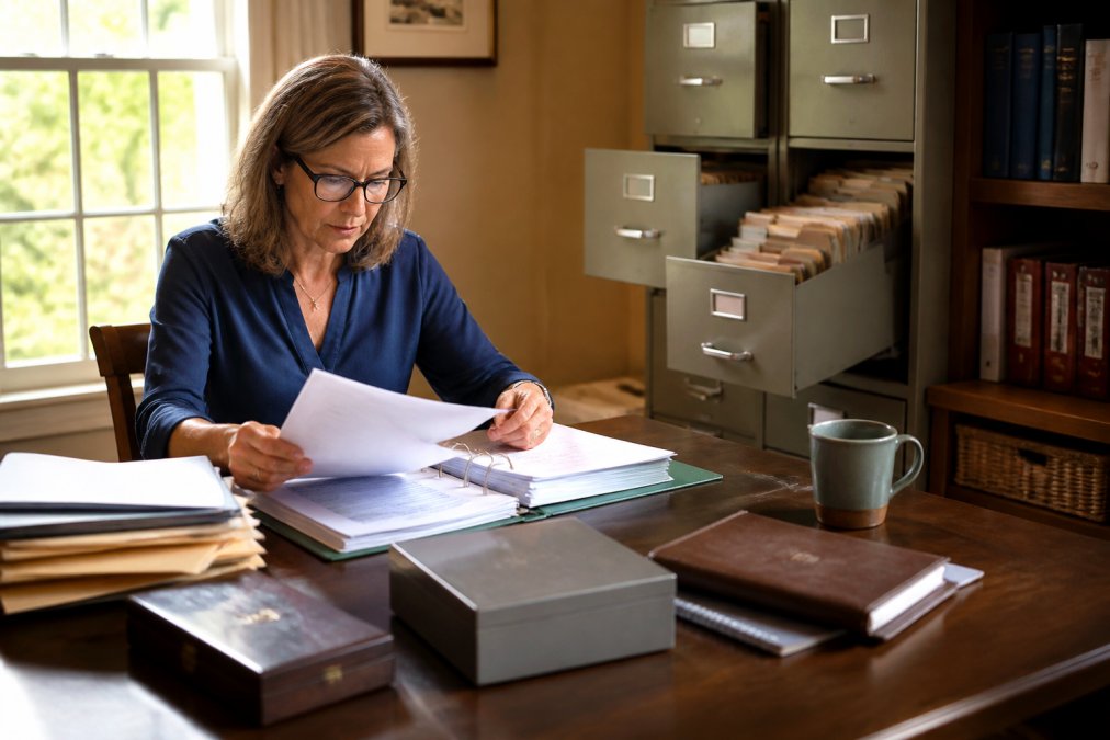 Personal representative reviewing documents and taking inventory in a home office, with open filing cabinets and organized estate records visible on a desk