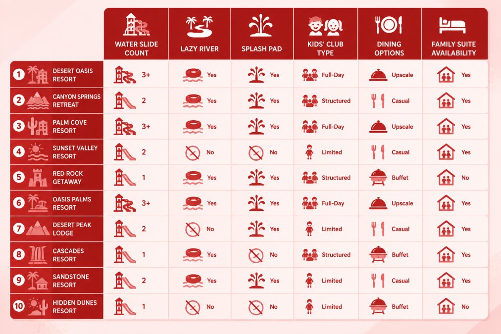 Comparison matrix showing water park amenities across 10 resorts: water slide count (1-3+), lazy river availability (yes/no), splash pad presence (yes/no), kids' club type (full-day/structured/limited), dining options (upscale/casual/buffet), and family suite availability
