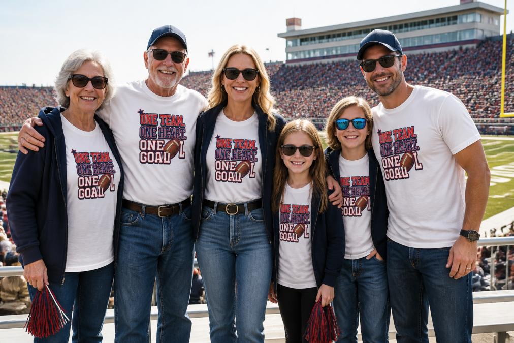 A multi-generational family wearing matching spirit wear including custom t-shirts, hoodies, and accessories at a football stadium during daytime, demonstrating layering and styling with jeans, leggings, and game day accessories