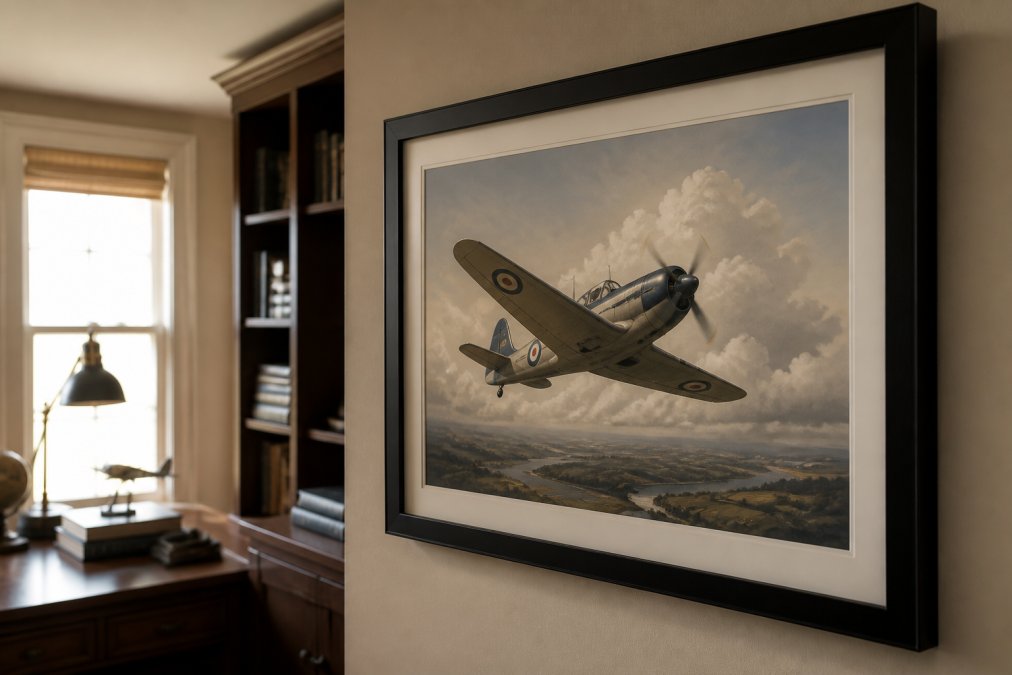 Infographic showcasing a curated list of 10 famous aviation artists displayed on a home office wall print